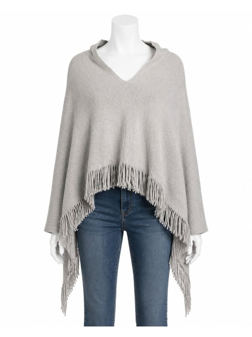 Echo Gray Fringe Knit Poncho Wrap Shawl One Size Boho Western Cozy Layering